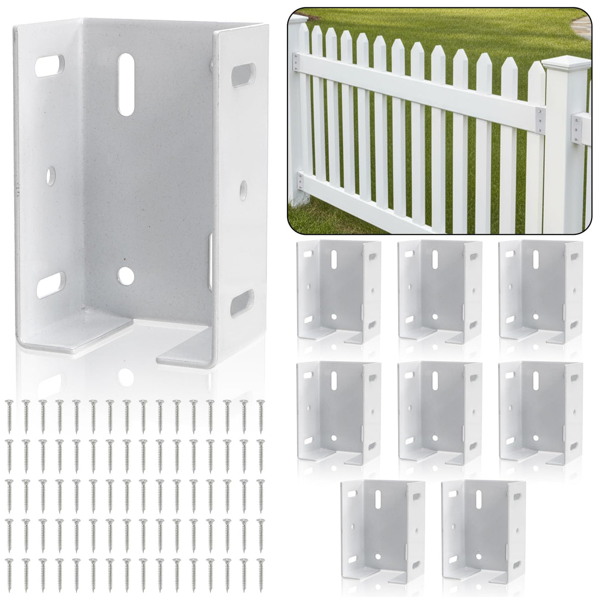 Goaste 8-pack aluminum fence brackets with screws for durable vinyl fence connections.