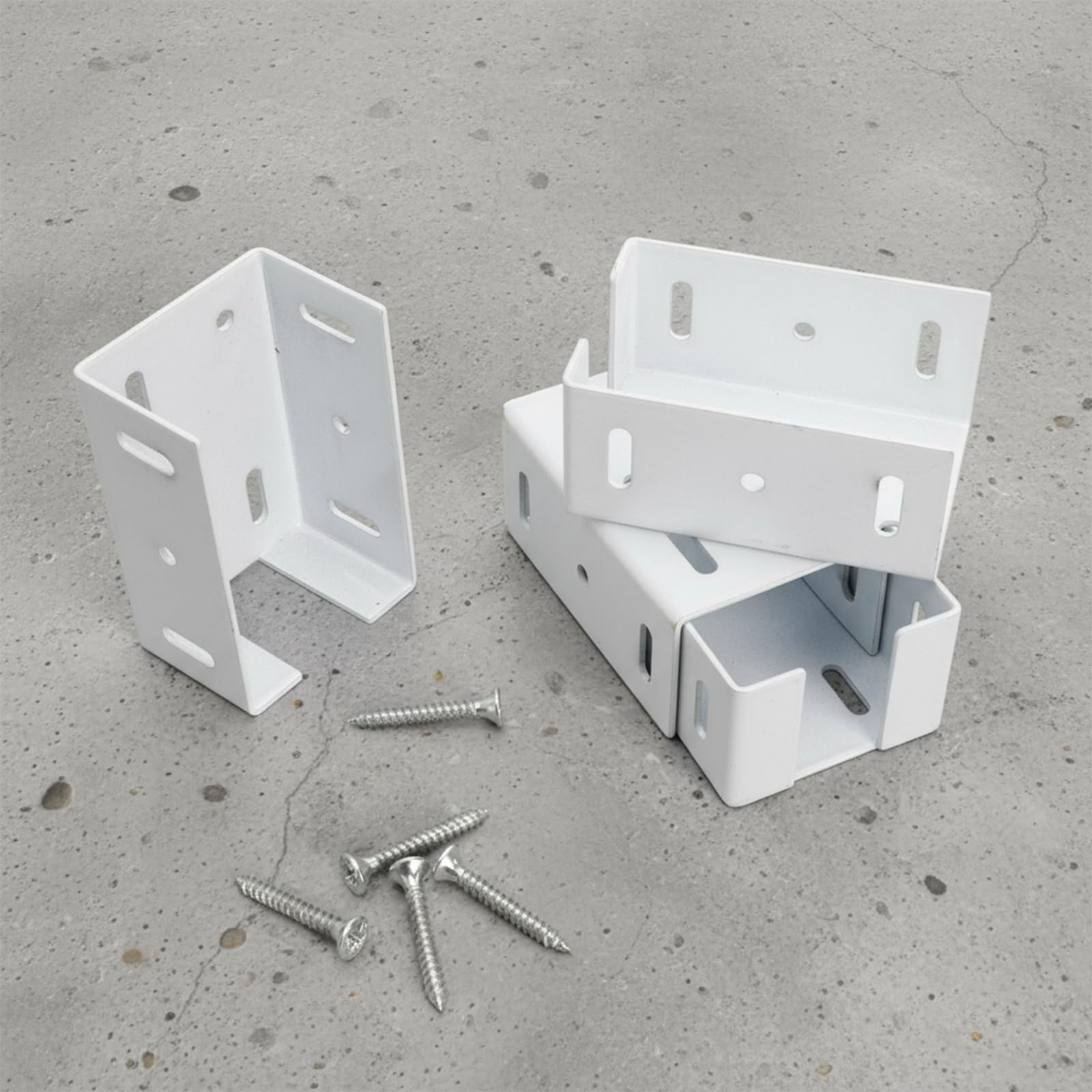 Goaste white vinyl fence bracket blends with white fencing.