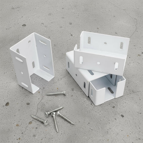 Goaste white vinyl fence bracket blends with white fencing.