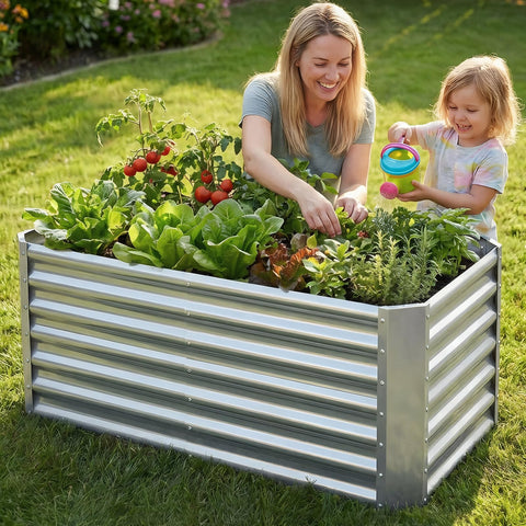 GoCampDirect silver finish raised bed ready for seasonal planting and easy maintenance.