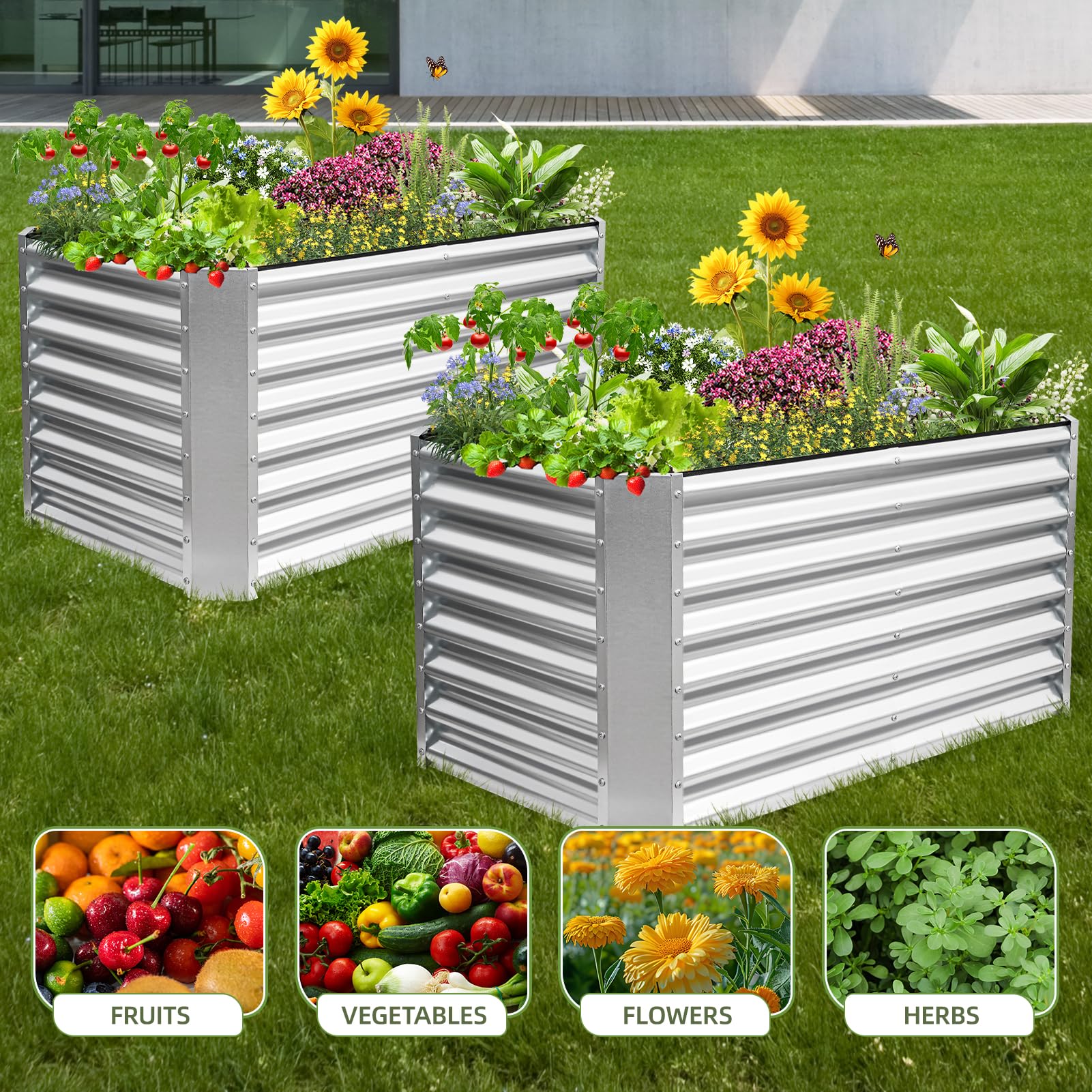 GoCampDirect planters hosting vegetables, herbs, and succulents in a sunny garden scene.