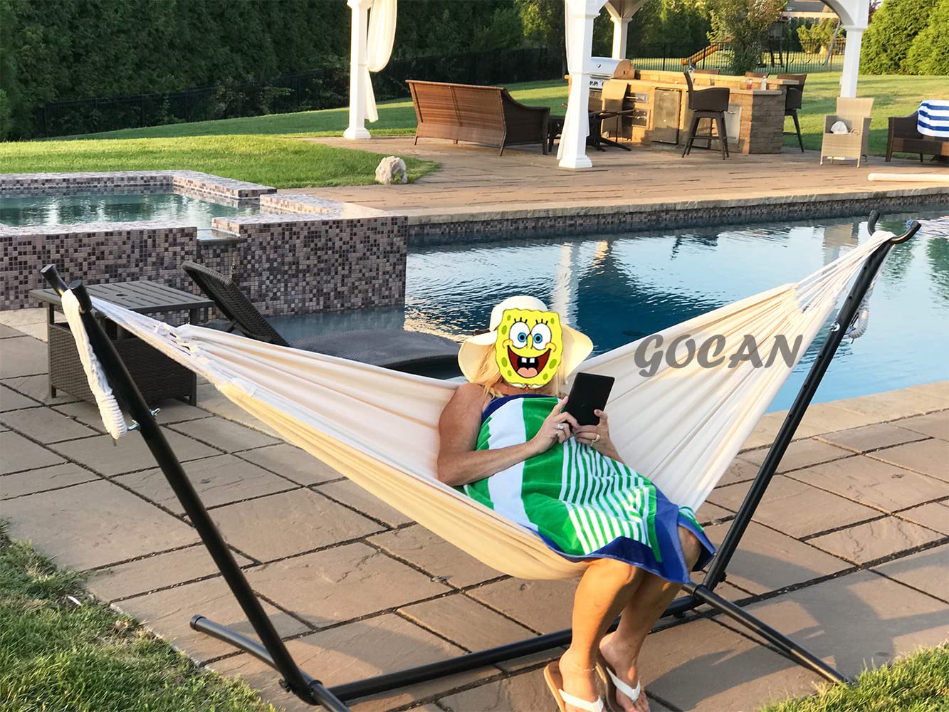 GOCAN beige hammock used indoors for cozy lounging