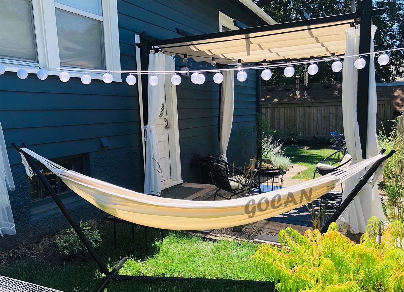 GOCAN hammock shown with stand for versatile placement