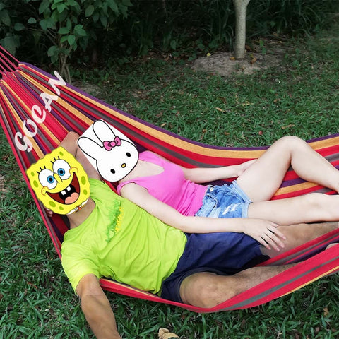 GOCAN hammock extended length highlights generous space for two outdoors.