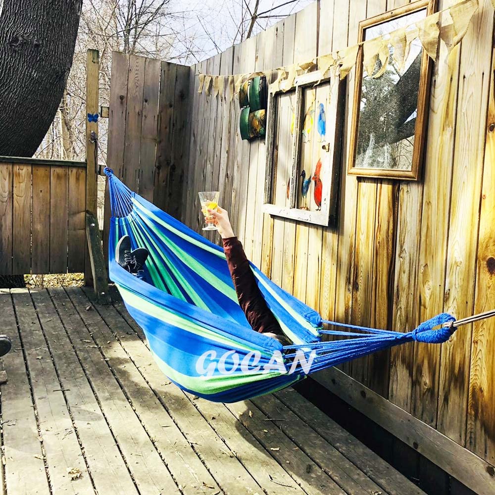 GOCAN cotton hammock close-up shows soft breathable weave ideal for warm days.