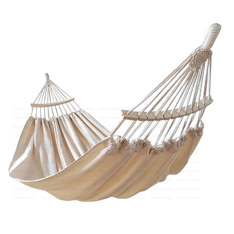 GOCAN double hammock bed—spacious canvas for two adults, ideal for relaxed outdoor lounging.