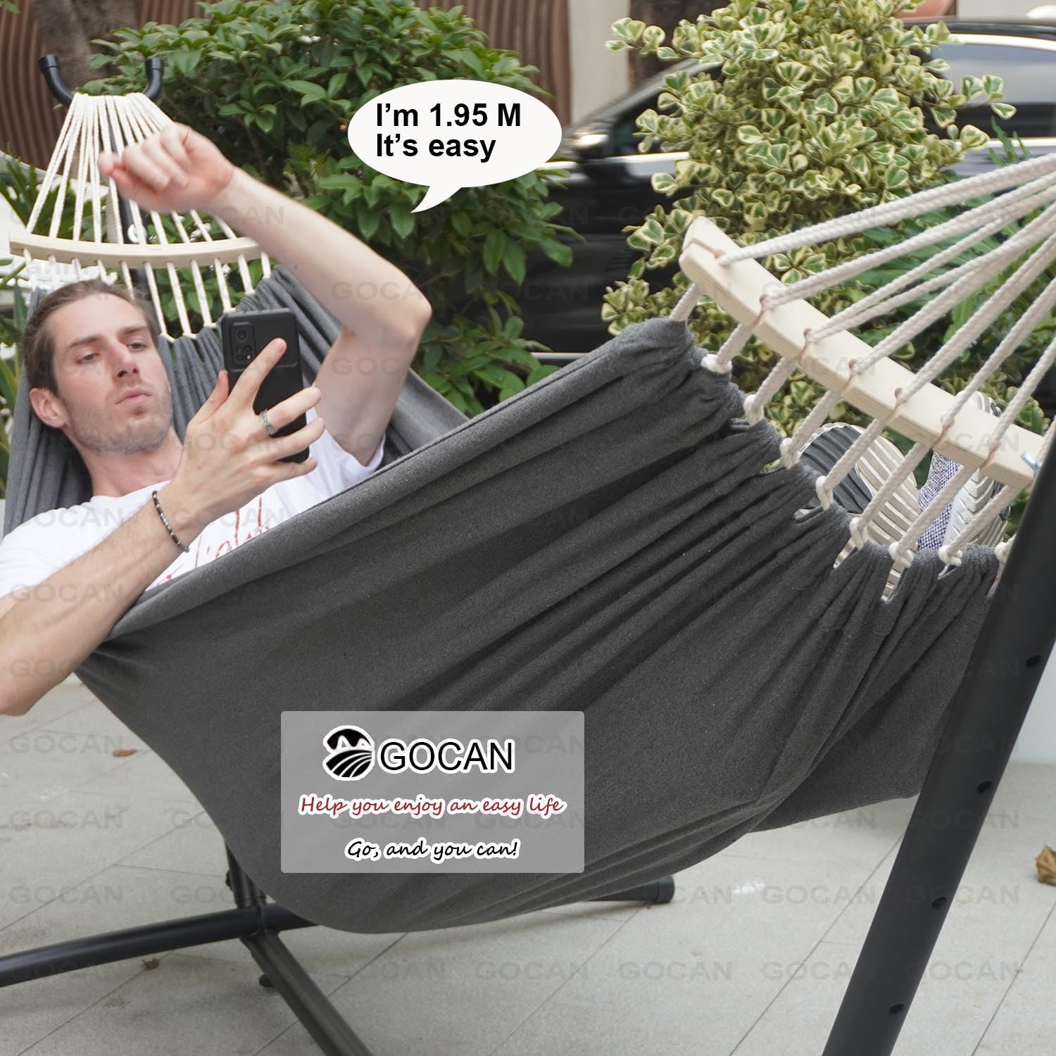 GOCAN hammock with 500 lb capacity and sturdy knot ends.