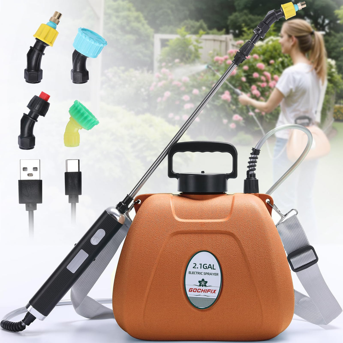 GOCHIFIX electric garden sprayer shown with 2.1-gallon capacity for efficient lawn care.