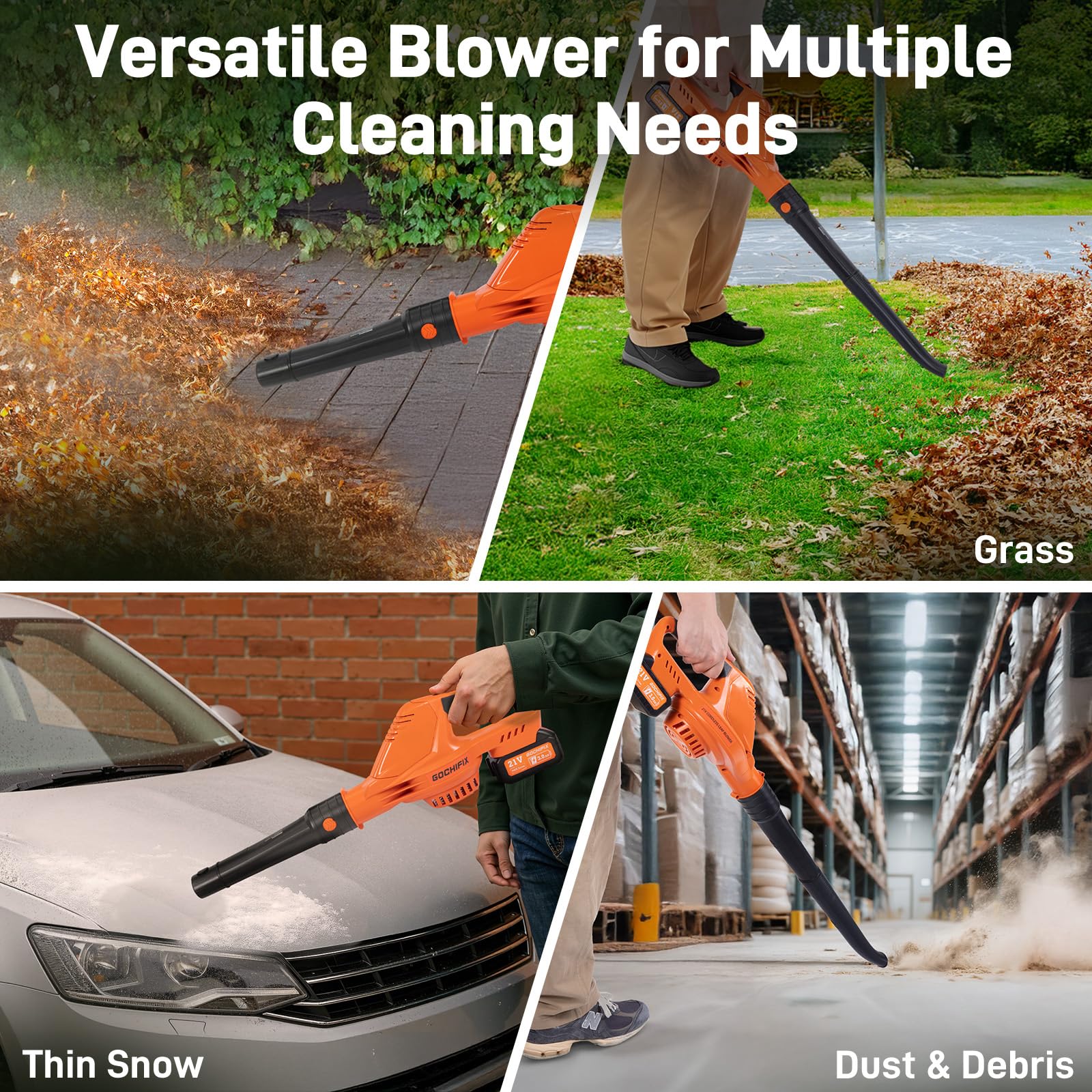 GOCHIFIX leaf blower three step assembly for easy storage and portability.