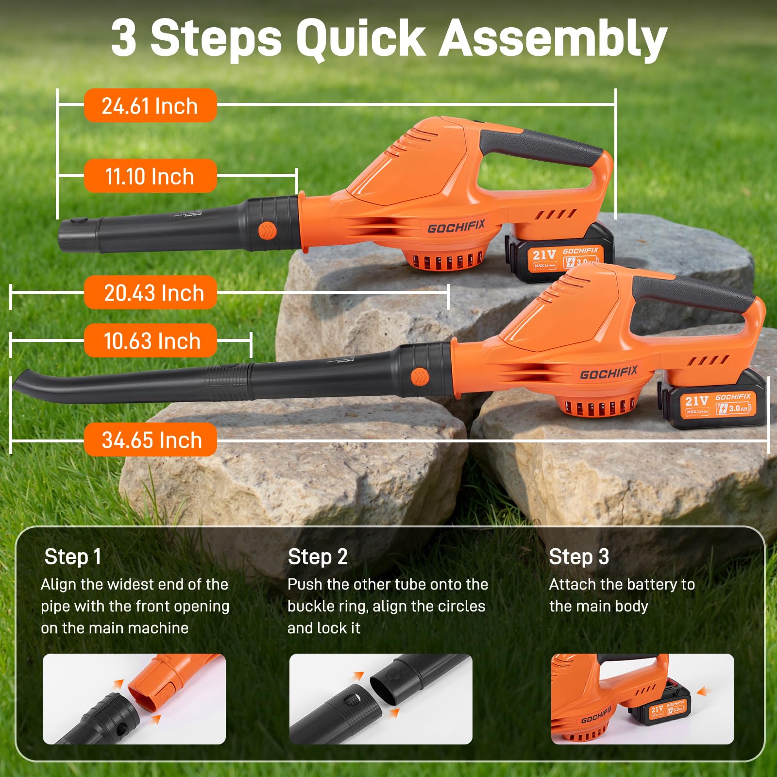 GOCHIFIX leaf blower full kit includes batteries, charger, and extension nozzle.