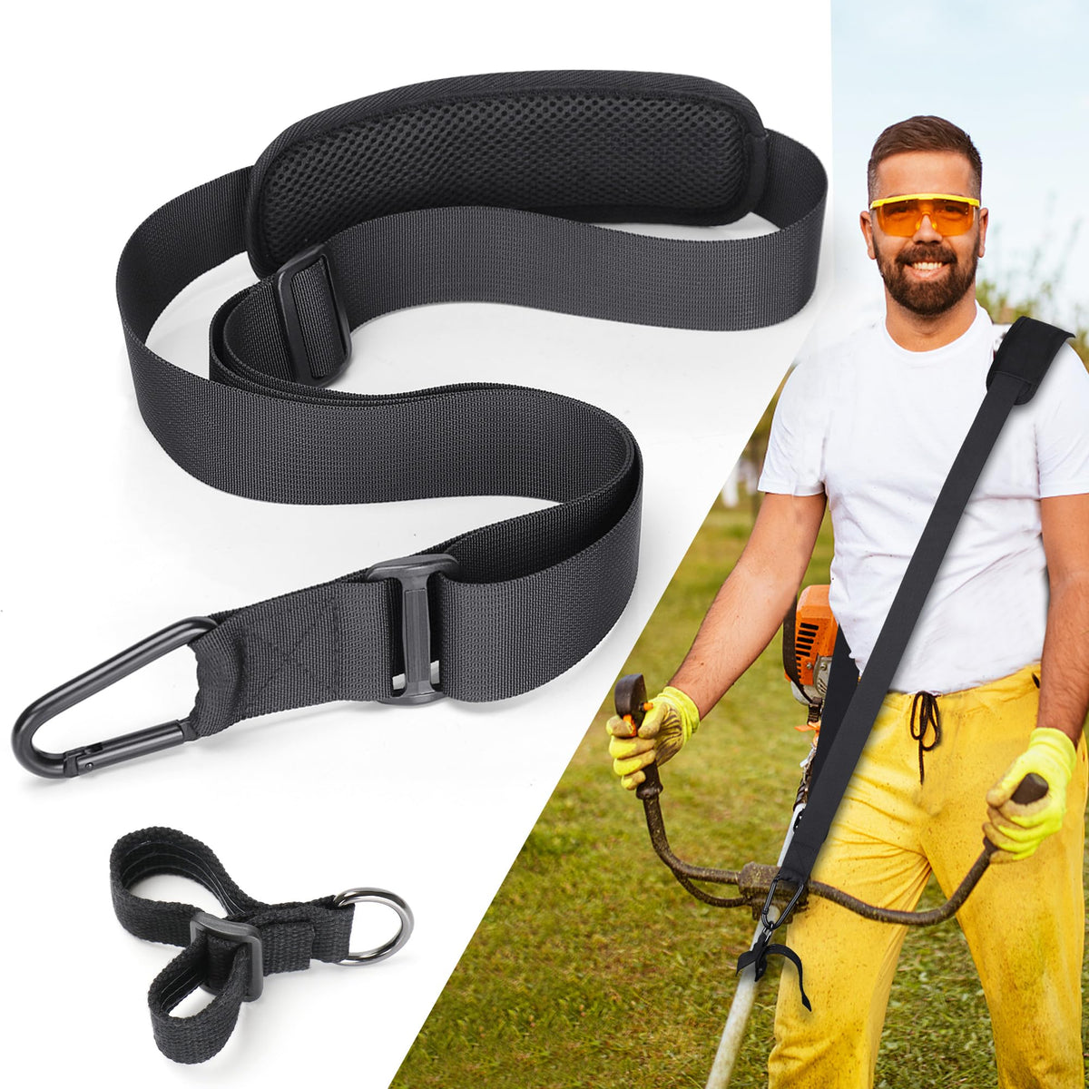 GodFan trimmer strap with metal clip improves balance during yard work