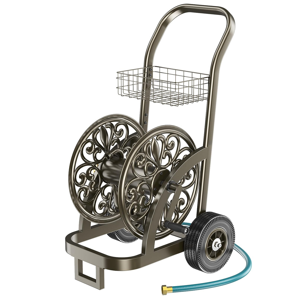 GOFORWILD garden hose reel cart side view showcases sturdy steel frame for outdoor use.