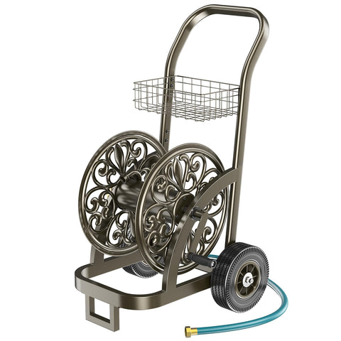 GOFORWILD garden hose reel cart side view showcases sturdy steel frame for outdoor use.