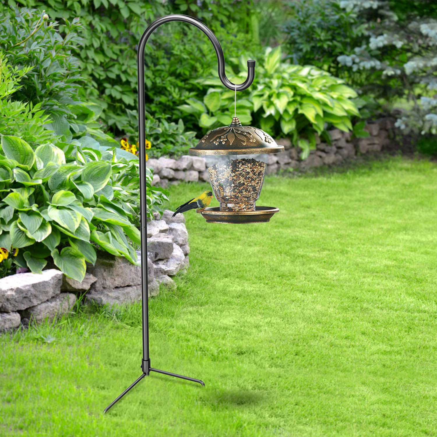 GOFORWILD shepherd hook hanging flower pot demonstrates versatile outdoor display.