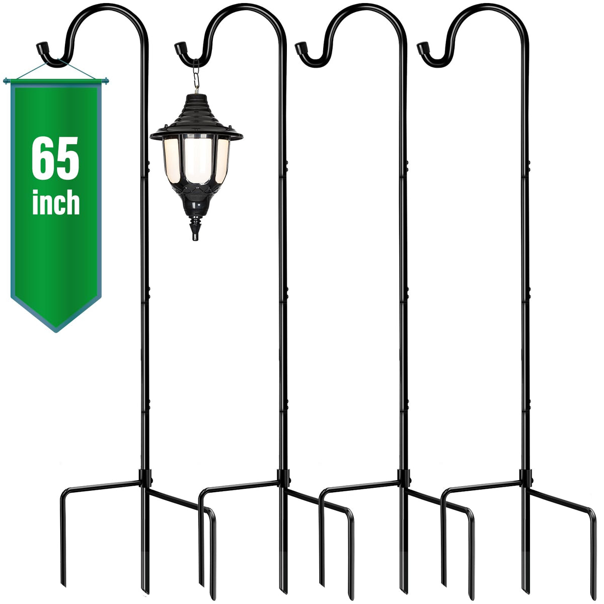 Goforwild Shepherd’s Hooks 4-Pack, 65-inch tall, ideal for garden decor and hanging pots.