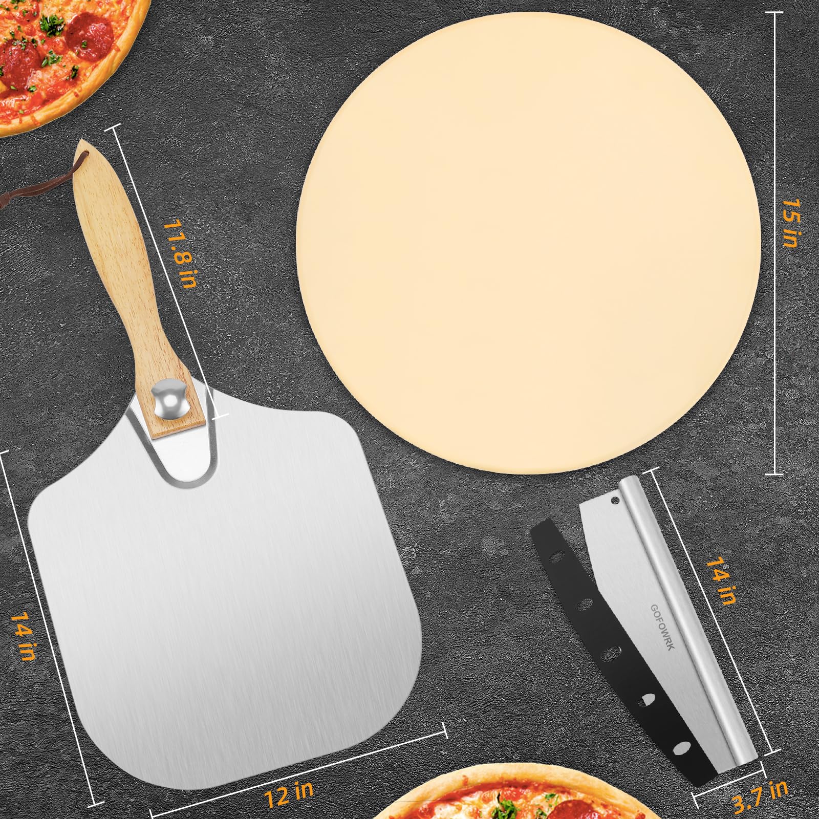 GOFOWRK metal pizza peel aids safe transfer of hot pizzas.