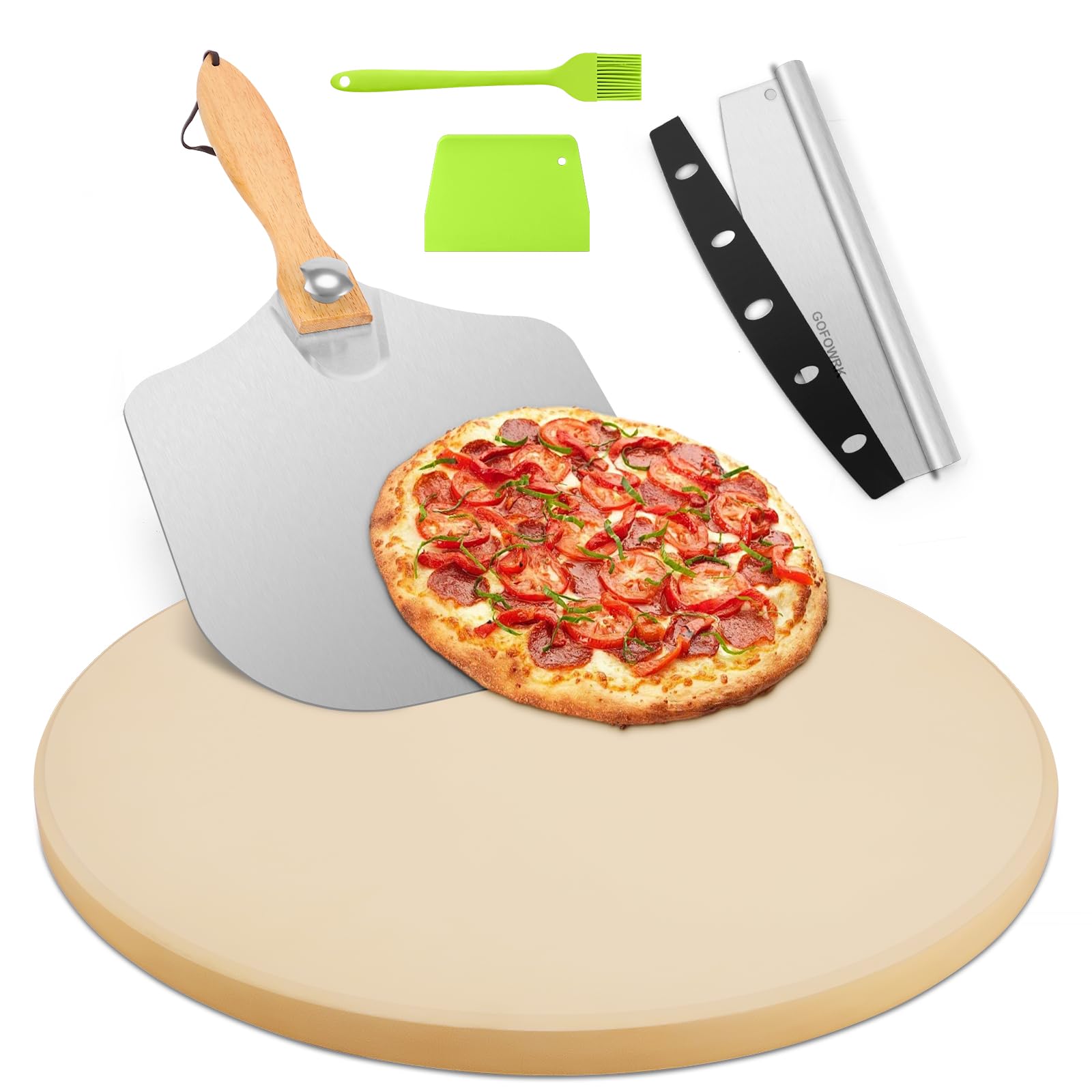 GOFOWRK pizza stone 15-inch round in use for even heat and crispy crust.