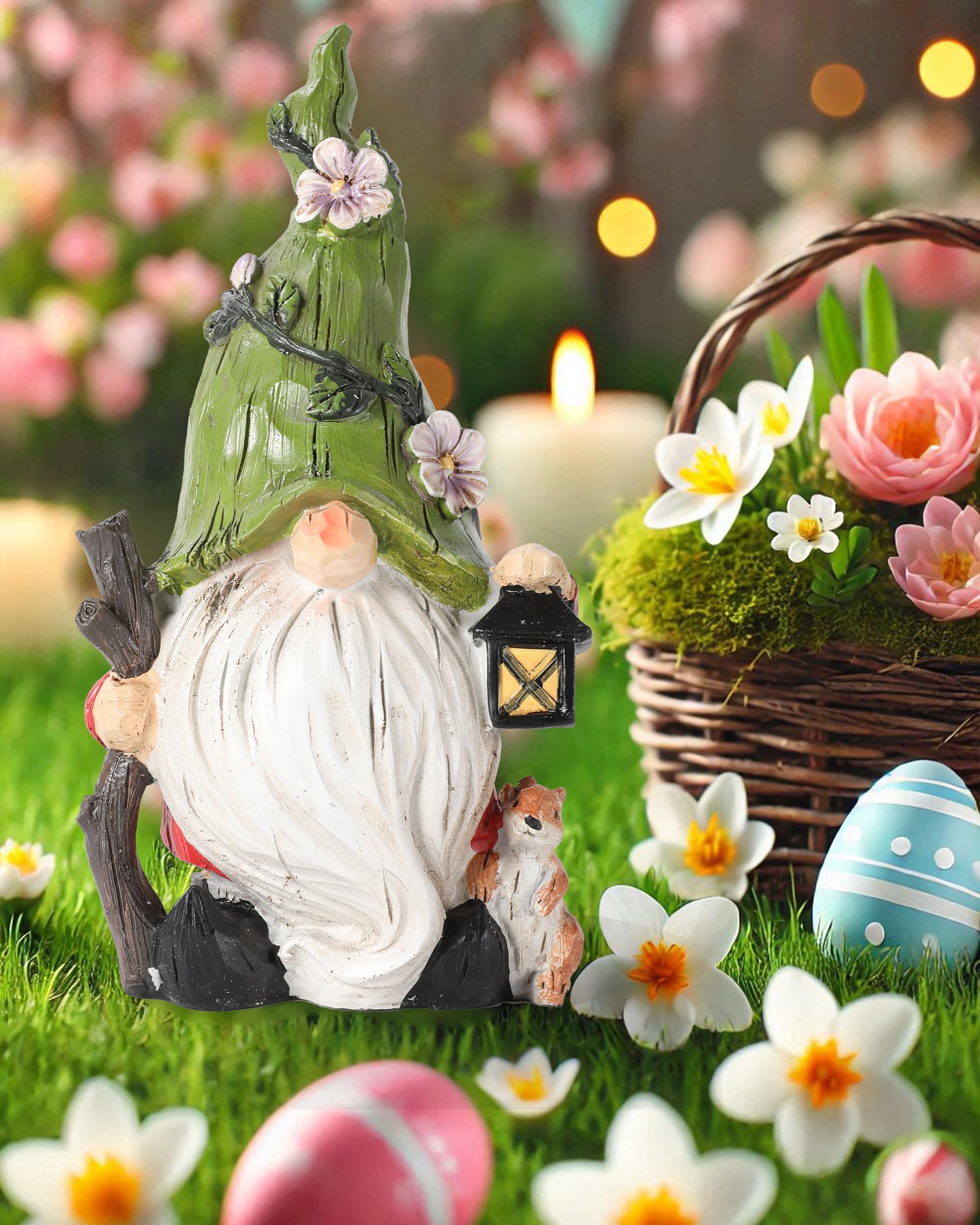 GoGnome hand-painted resin garden gnome with lantern brightens outdoor spaces.