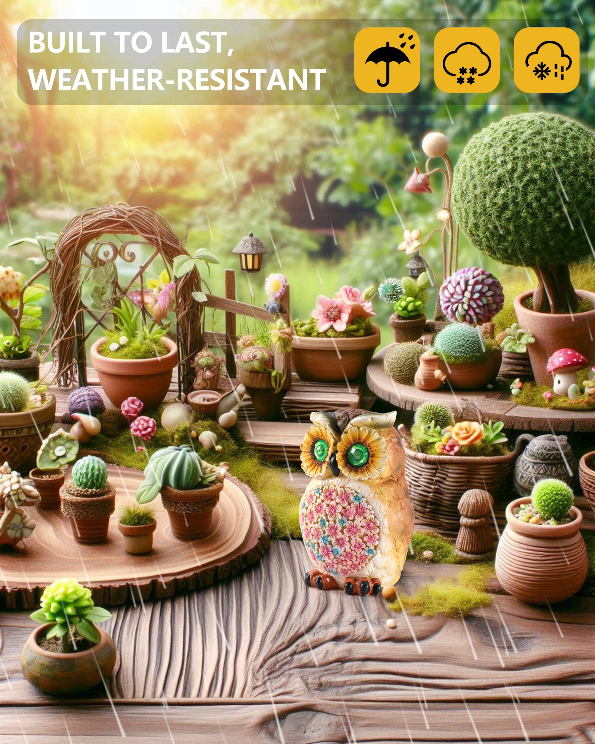 GoGnome owl stands 5.5 inches tall, fitting neatly on patios, balconies, or shelves.