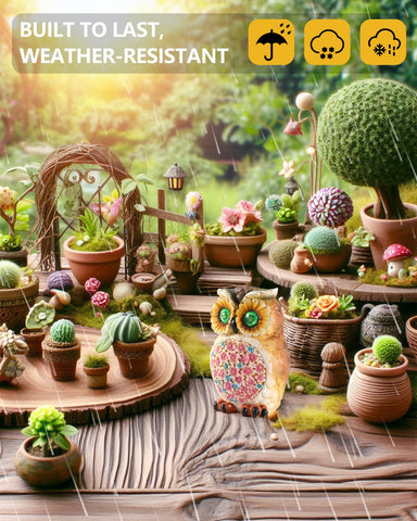 GoGnome owl stands 5.5 inches tall, fitting neatly on patios, balconies, or shelves.