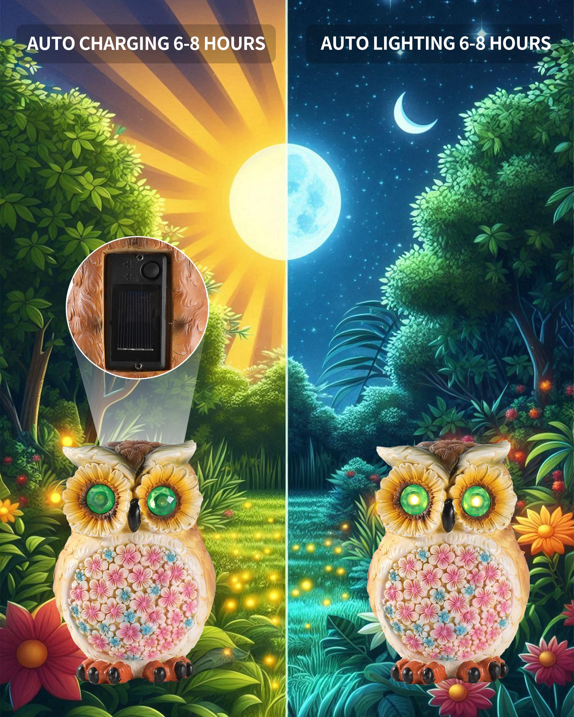 GoGnome owl with glow-in-the-dark eyes adds nighttime ambience to any garden or home.