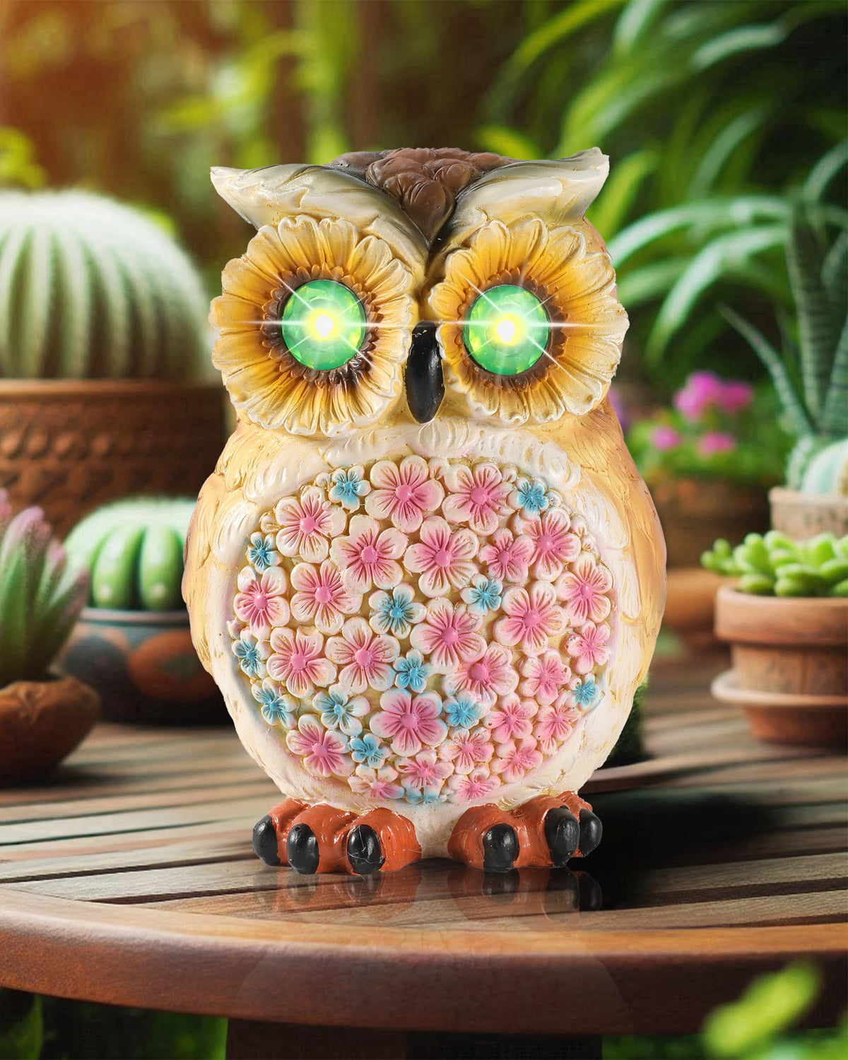 GoGnome owl figurine hand-painted with vibrant colors enhances outdoor spaces with whimsical charm.
