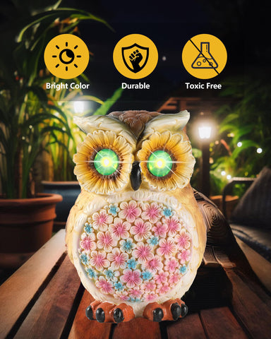 GoGnome solar-powered owl charges by day and lights up automatically at night.