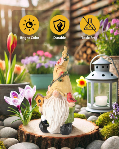GoGnome yellow spring gnome for indoor and outdoor yard display.