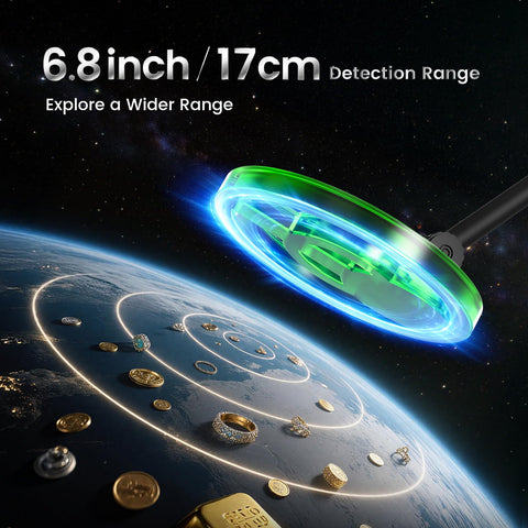 Durable 6.8-inch coil detects shallow targets like coins.