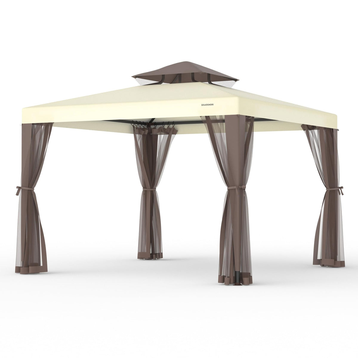 GOJOOASIS patio gazebo 10x10 beige fabric provides cool shade for outdoor gatherings.