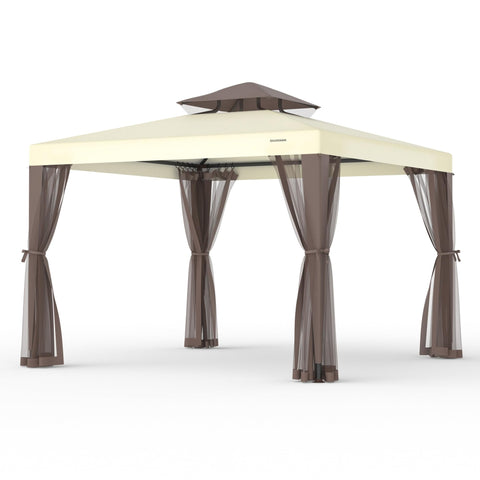 GOJOOASIS patio gazebo 10x10 beige fabric provides cool shade for outdoor gatherings.