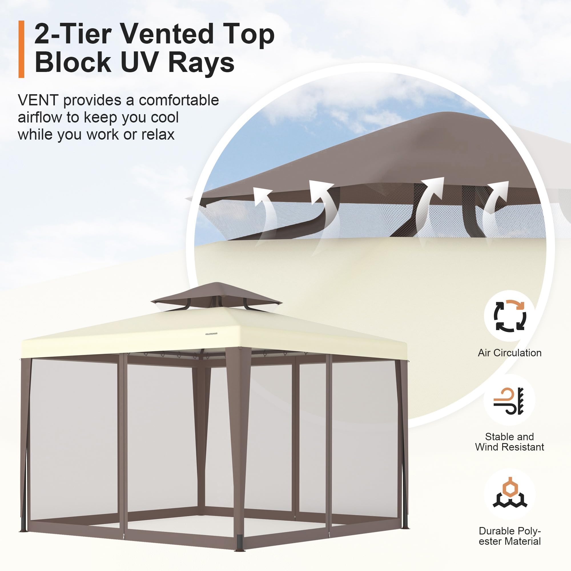GOJOOASIS gazebo with ventilated canopy promotes airflow for comfortable backyard lounging.