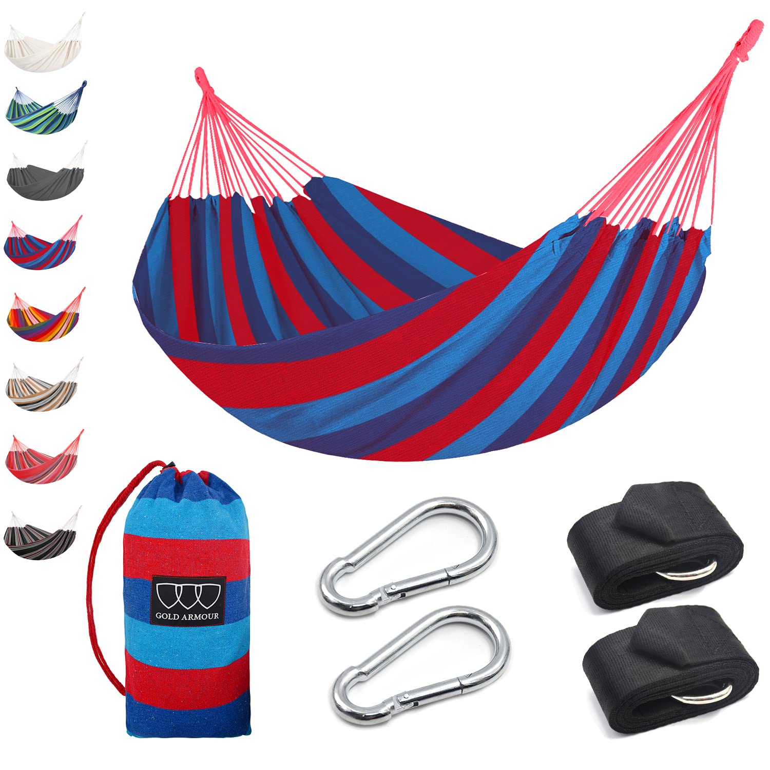 Gold Armour Brazilian style hammock between two trees for outdoor relaxation