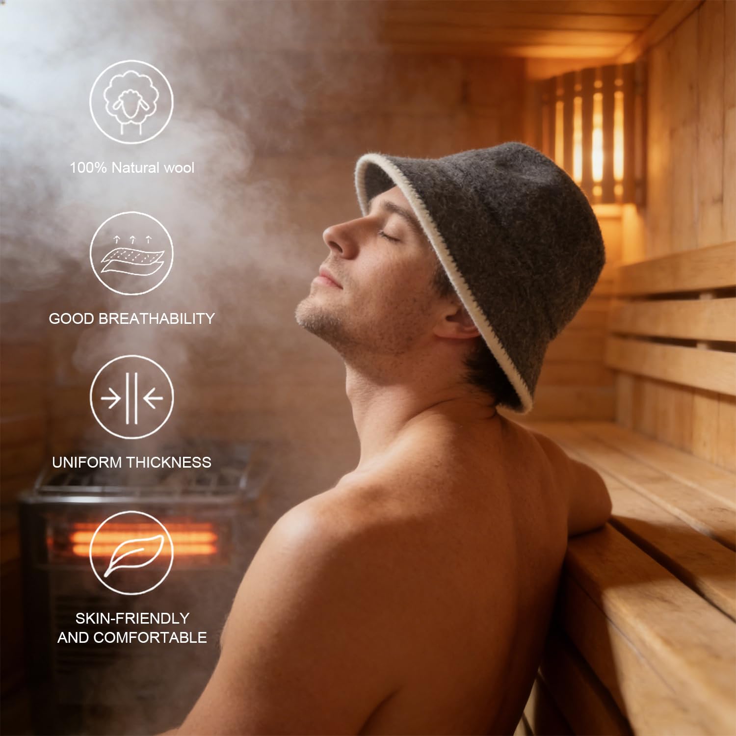 GoldCamp sauna hat all-heat-settings adapts to dry, infrared, or steam saunas.