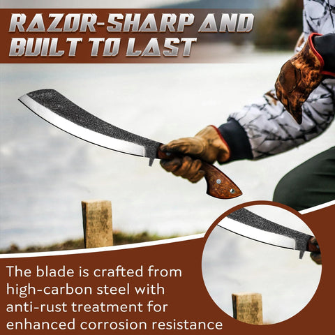 Golden Bird Parang Machete knife wooden sheath protecting the blade and enabling safe transport.