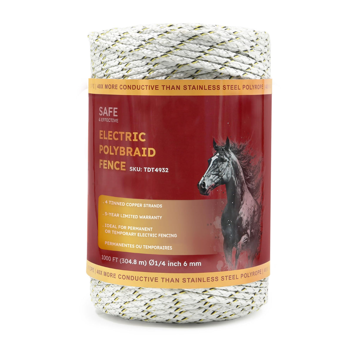 Golden Cock electric fence wire with four thick tinned copper strands for high conductivity.