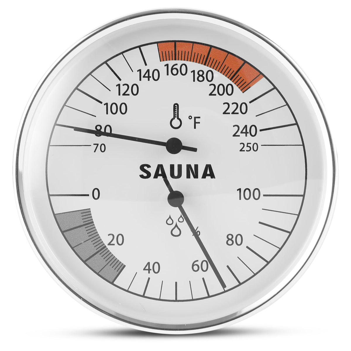 Golden Wave sauna thermometer-hygrometer dial for clear Fahrenheit and humidity readings.