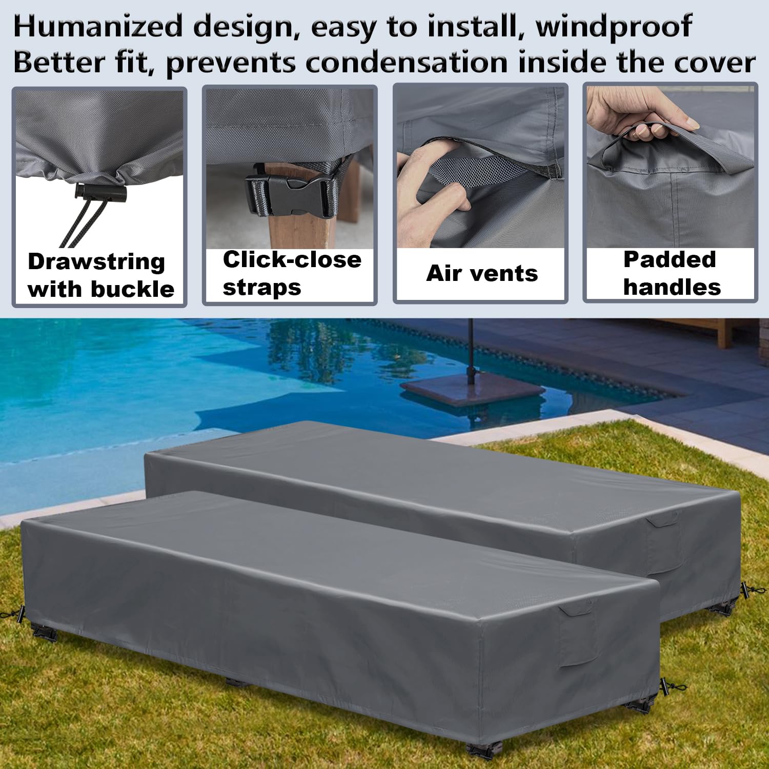 GoldenRaindrop waterproof lounge chair cover close-up shows durable 600D fabric and taped seams.