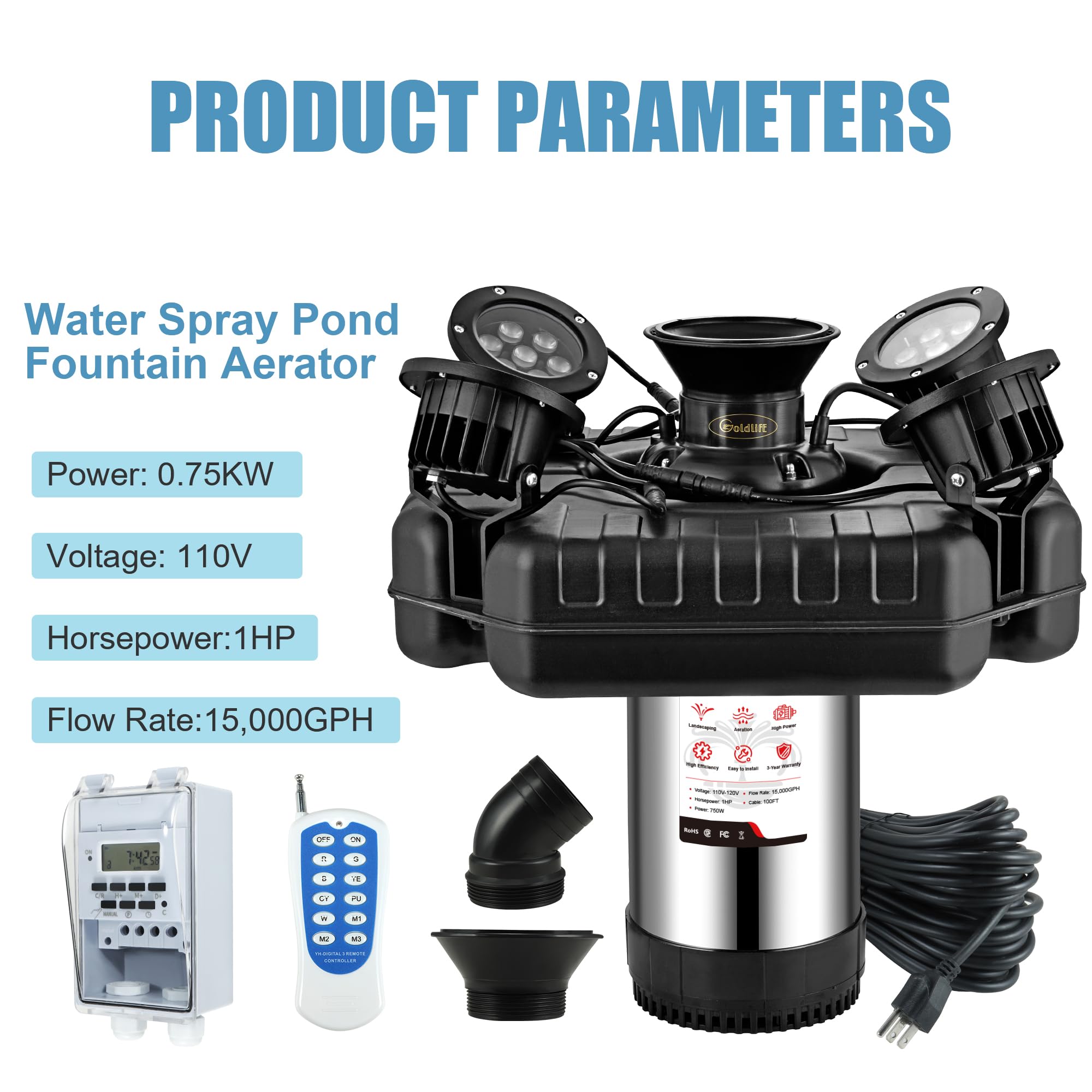 Goldlife F3 100 ft power cord supports flexible fountain placement and safe setup.
