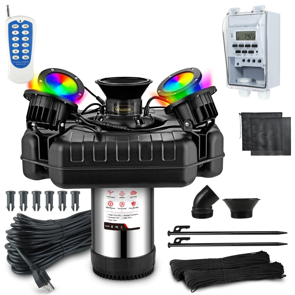 Goldlife F3 pond fountain aerator with bold spray for vibrant pond circulation.