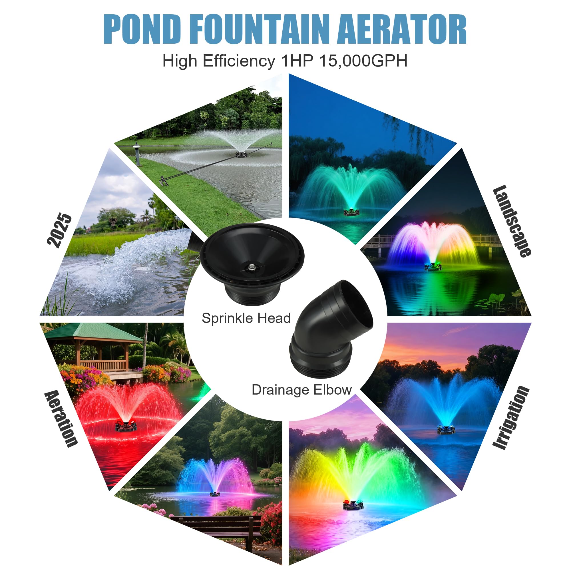 Goldlife F3 pond fountain lights showing colorful RGB illumination at night.