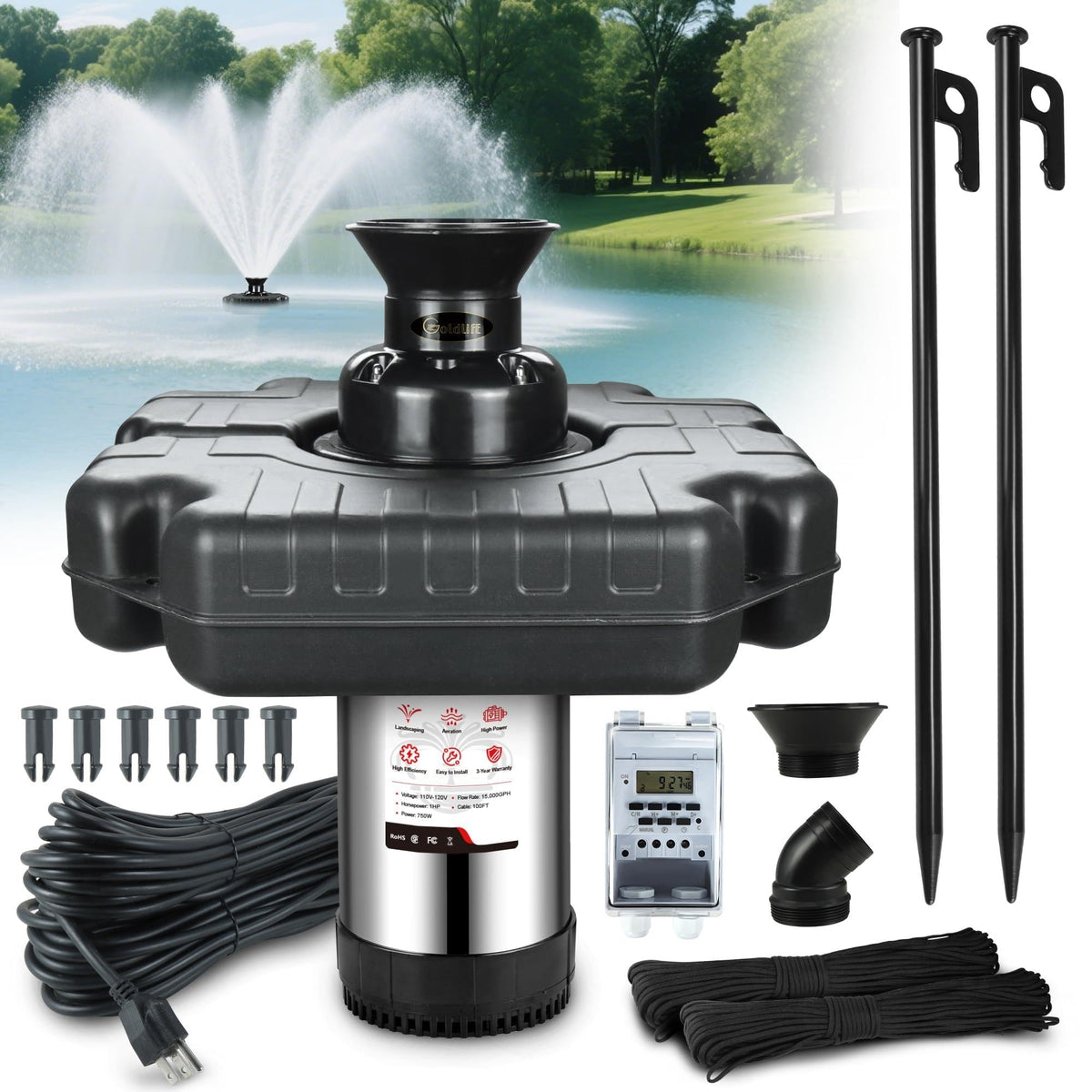 Goldlife F3 pond fountain aerator no light with dramatic spray