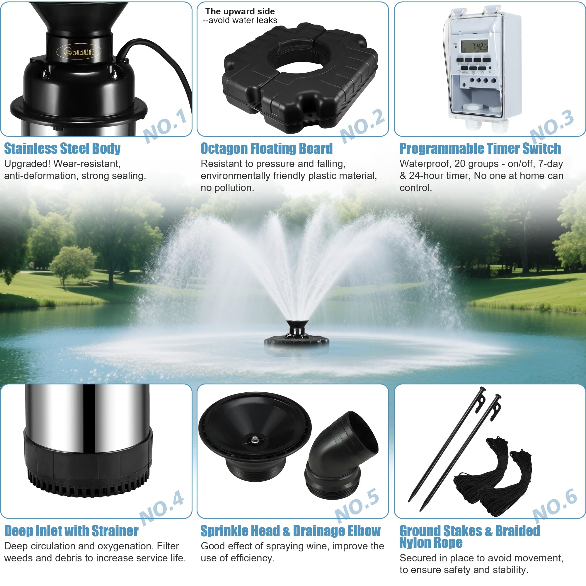 Goldlife floating fountain with v-shaped spray for striking water display