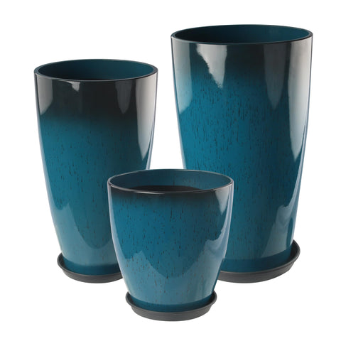 Goldshire blue planter front view with drainage for indoor use.