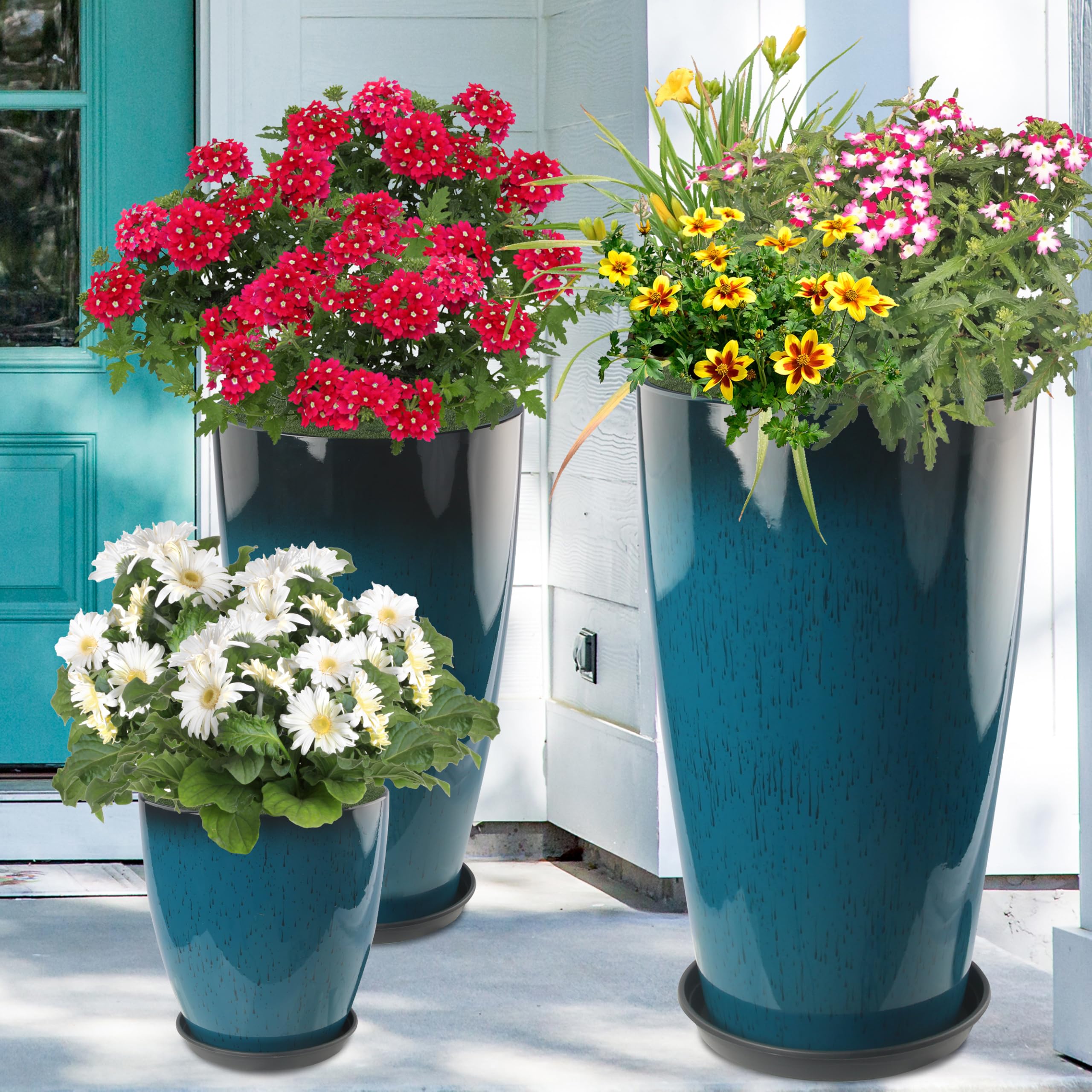Goldshire blue planter side view supports decorative indoor or balcony plant display.