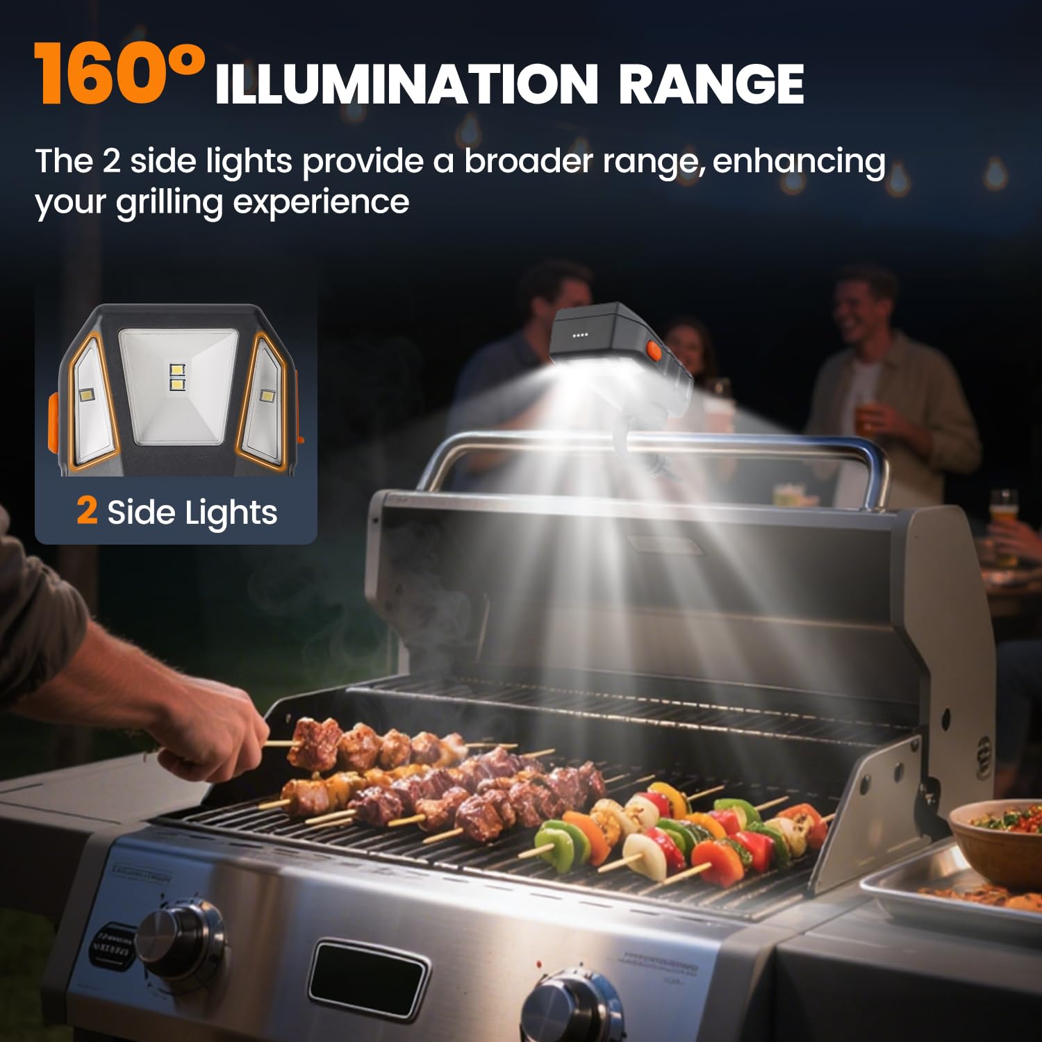 Goldusk grill light mounted on a Weber grill for seamless night grilling