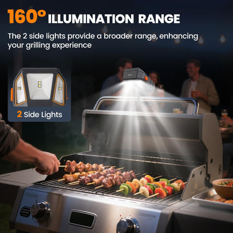 Goldusk grill light mounted on a Weber grill for seamless night grilling