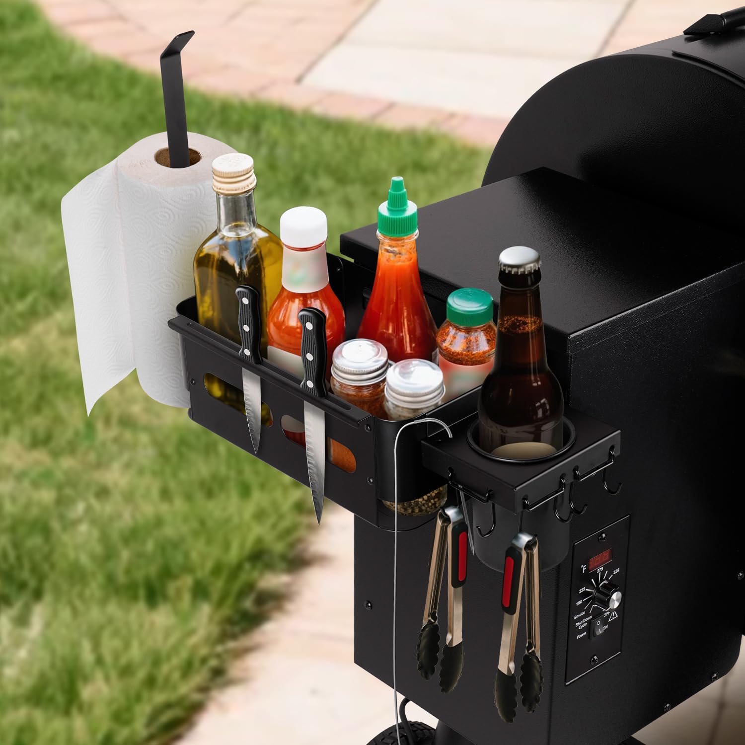 Goldusk storage bin compatible with Traeger grills keeps tools organized near the grill.