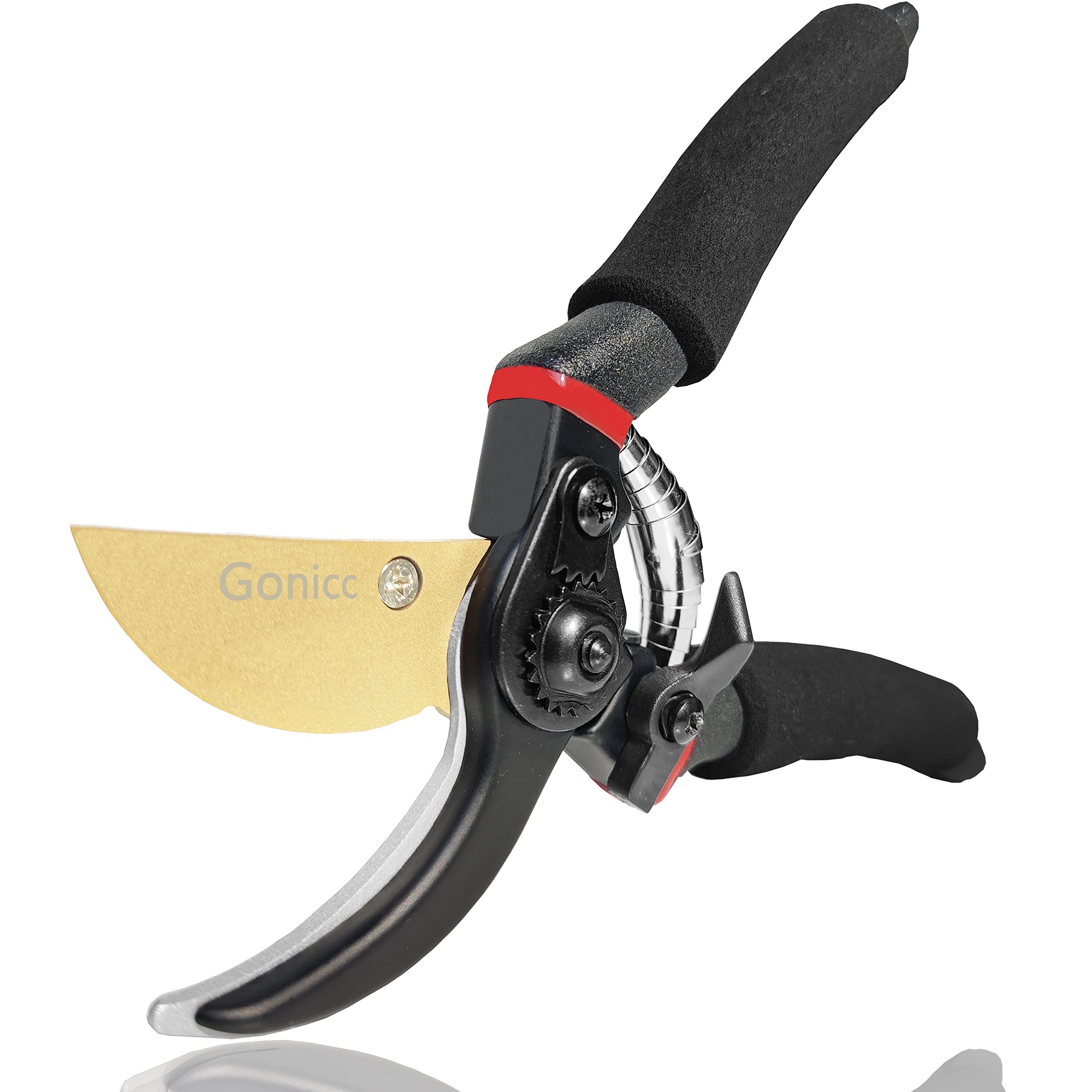 Gonicc 8-inch titanium bypass pruner blade close-up showing a sharp edge for precise cuts.