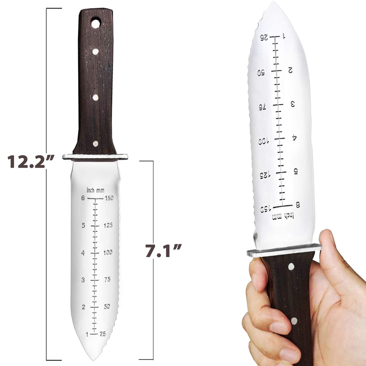 Gonicc professional Hori Hori knife with leather sheath for on-the-go storage.